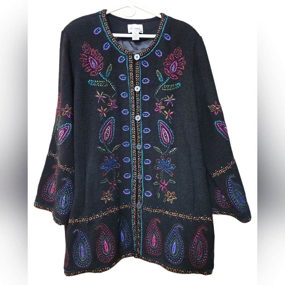 Linea By Louis Dell'Olio Black Wool Blend Long Coat Colorful Floral Sz 2X